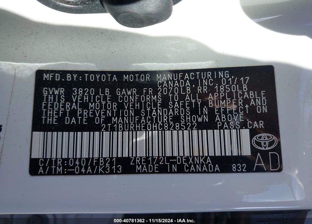 2017 TOYOTA COROLLA L/LE/XLE/SE/XSE VIN: 2T1BURHE0HC828522