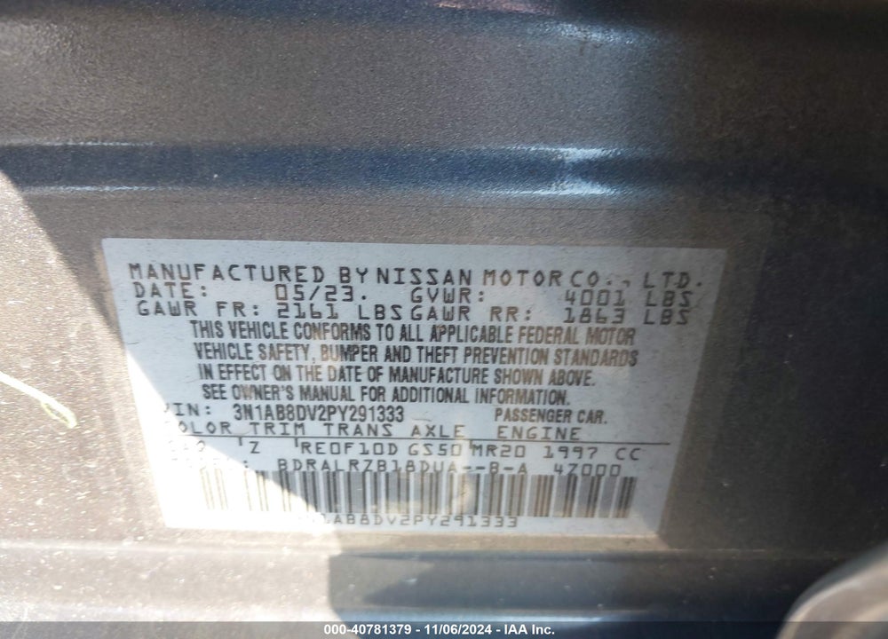 2023 NISSAN SENTRA SR XTRONIC CVT VIN: 3N1AB8DV2PY291333
