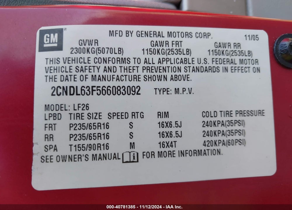 2006 CHEVROLET EQUINOX LT VIN: 2CNDL63F566083092