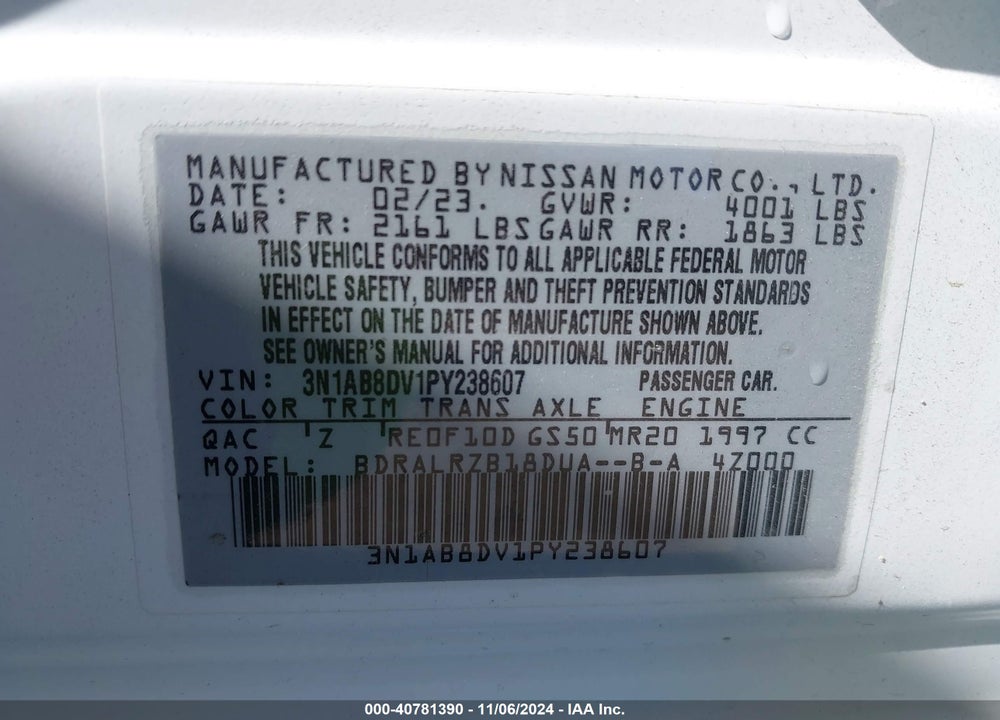 2023 NISSAN SENTRA SR XTRONIC CVT VIN: 3N1AB8DV1PY238607