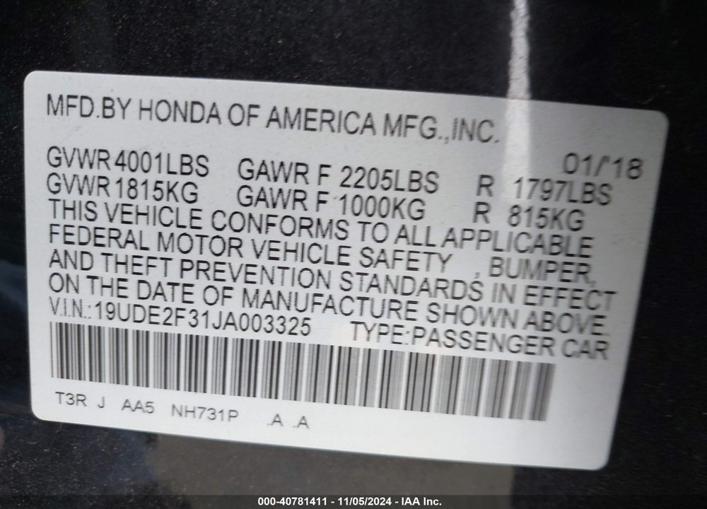 2018 ACURA ILX VIN: 19UDE2F31JA003325