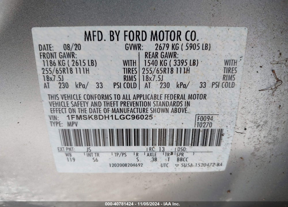 2020 FORD EXPLORER XLT VIN: 1FMSK8DH1LGC96025