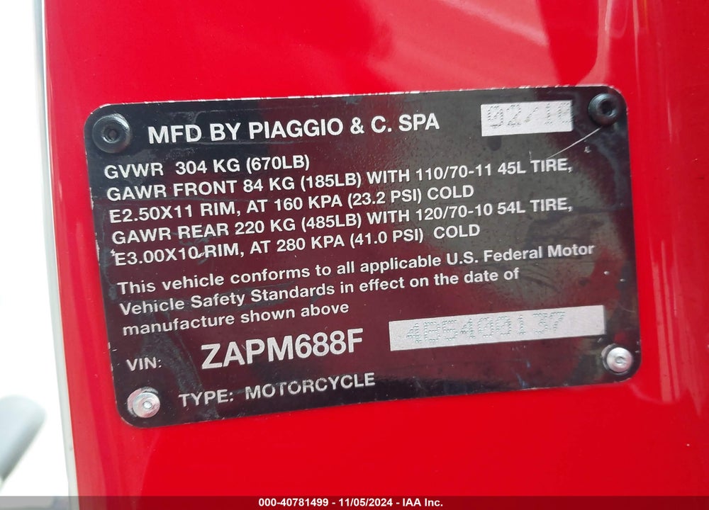 2011 VESPA LX 150IE VIN: ZAPM688F4B5400137