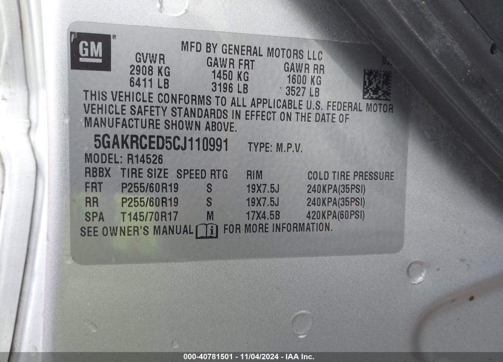 2012 BUICK ENCLAVE LEATHER VIN: 5GAKRCED5CJ110991