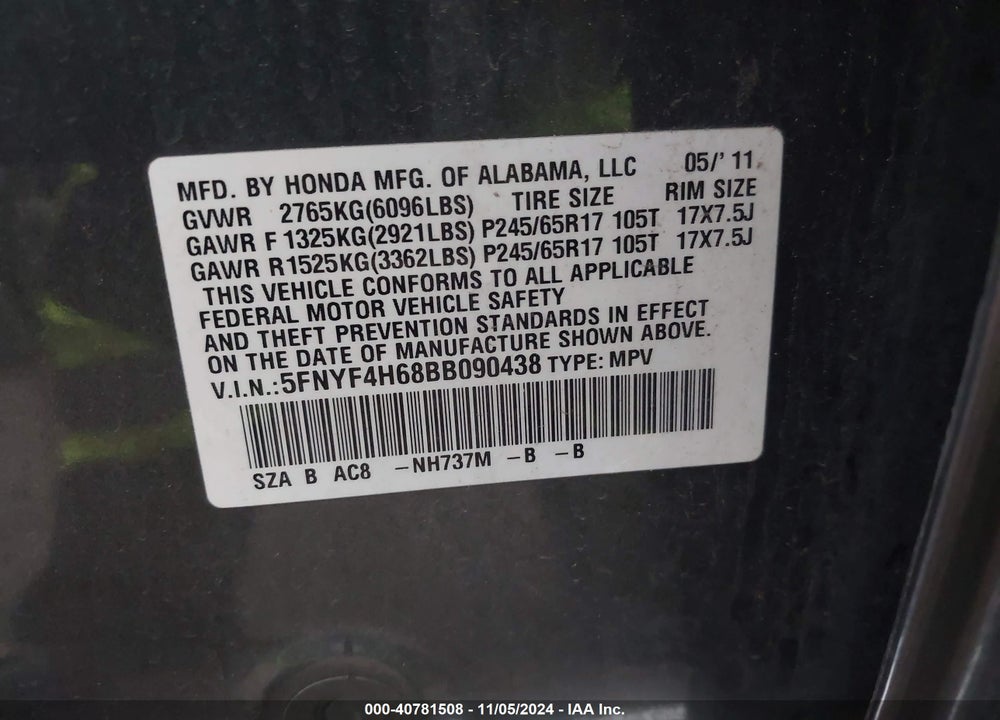 2011 HONDA PILOT EX-L VIN: 5FNYF4H68BB090438