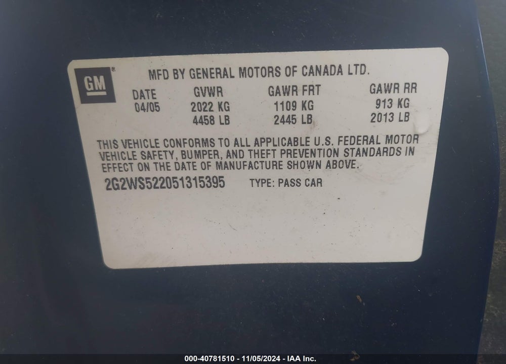 2005 PONTIAC GRAND PRIX GT VIN: 2G2WS522051315395