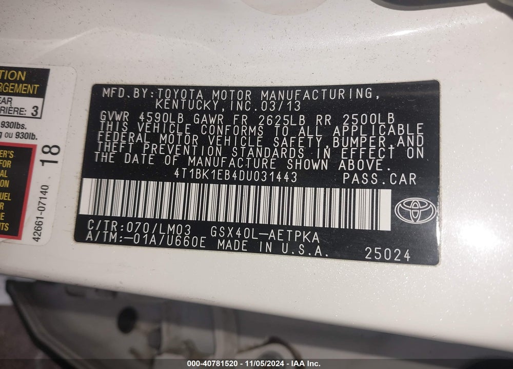 2013 TOYOTA AVALON LIMITED VIN: 4T1BK1EB4DU031443