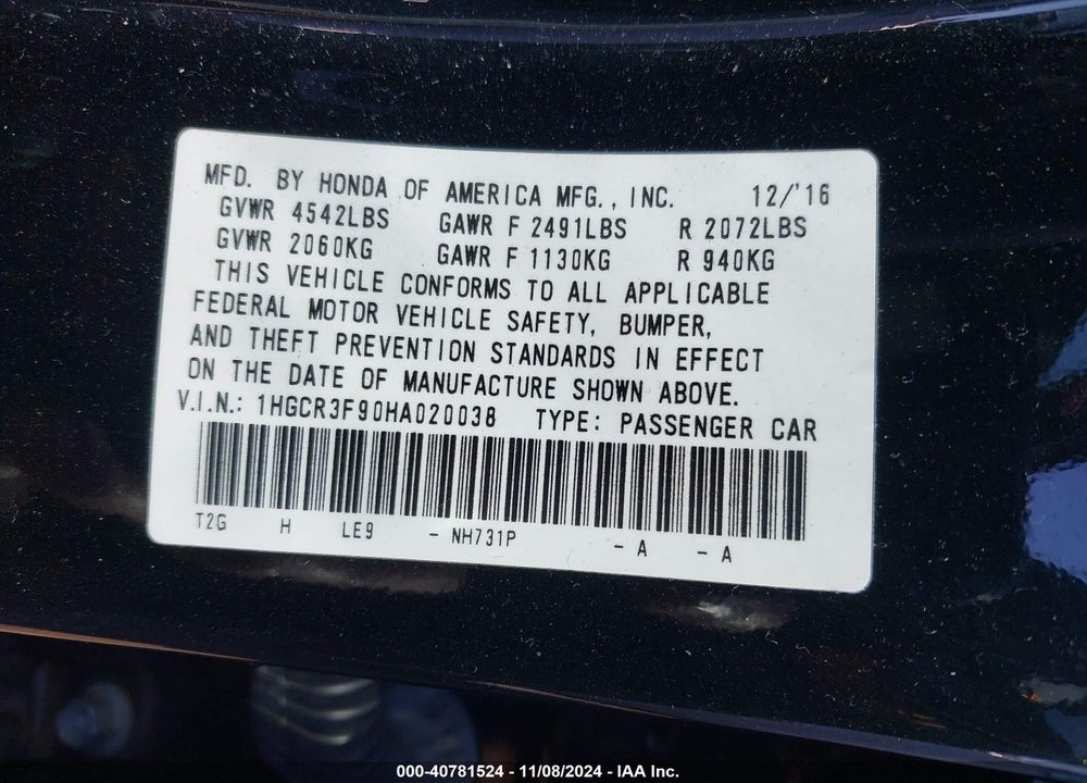 2017 HONDA ACCORD TOURING V6 VIN: 1HGCR3F90HA020038