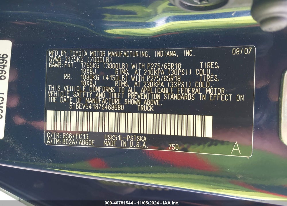 2007 TOYOTA TUNDRA SR5 5.7L V8 VIN: 5TBEV54187S468680