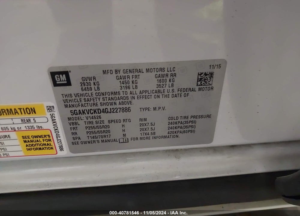 2016 BUICK ENCLAVE PREMIUM VIN: 5GAKVCKD4GJ227886