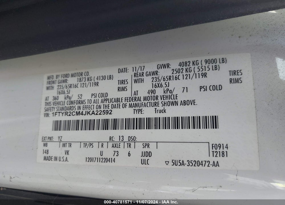 2018 FORD TRANSIT-250 VIN: 1FTYR2CM4JKA22592