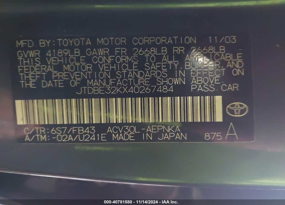 2004 TOYOTA CAMRY LE VIN: JTDBE32KX40267484