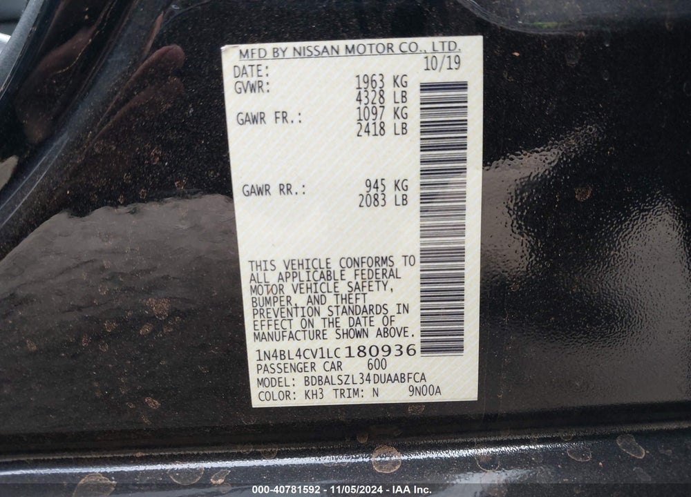 2020 NISSAN ALTIMA SR FWD VIN: 1N4BL4CV1LC180936