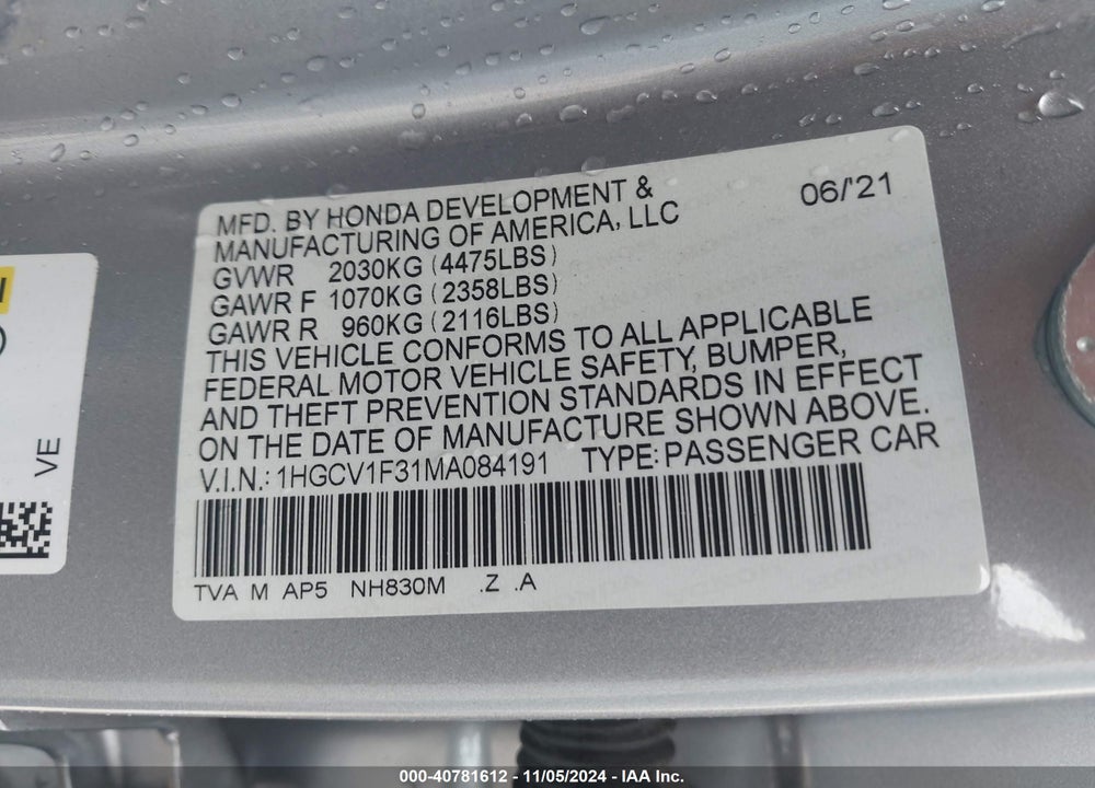 2021 HONDA ACCORD SPORT VIN: 1HGCV1F31MA084191