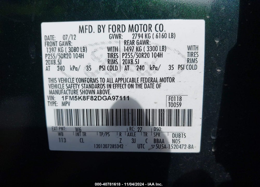 2013 FORD EXPLORER LIMITED VIN: 1FM5K8F82DGA97111