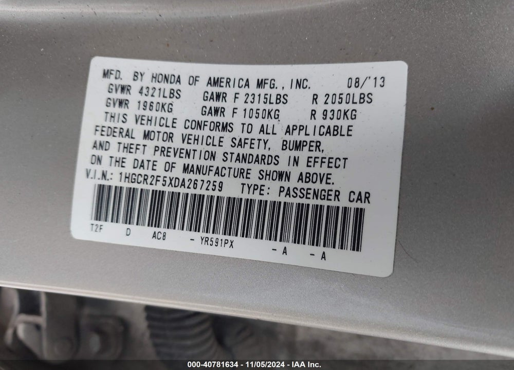2013 HONDA ACCORD SPORT VIN: 1HGCR2F5XDA267259