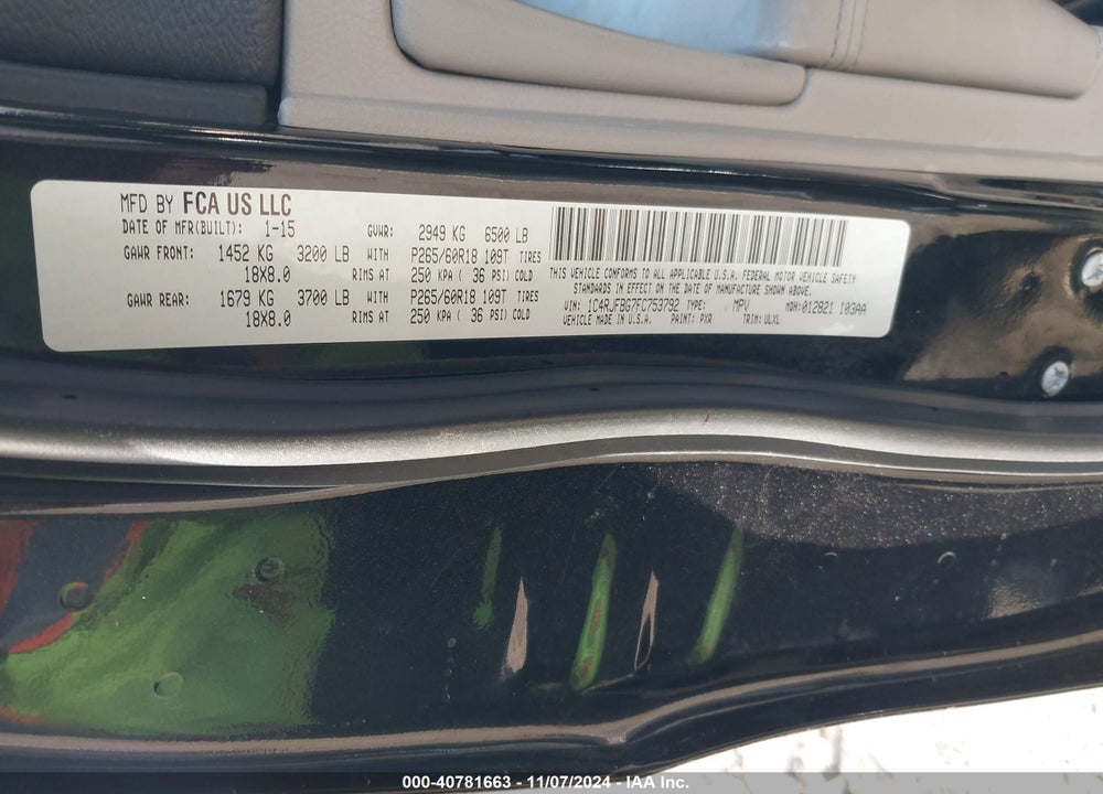 2015 JEEP GRAND CHEROKEE LIMITED VIN: 1C4RJFBG7FC753792