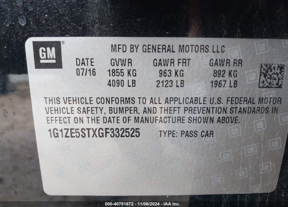 2016 CHEVROLET MALIBU 1LT VIN: 1G1ZE5STXGF332525