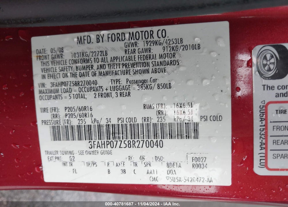 2008 FORD FUSION SE VIN: 3FAHP07Z58R270040