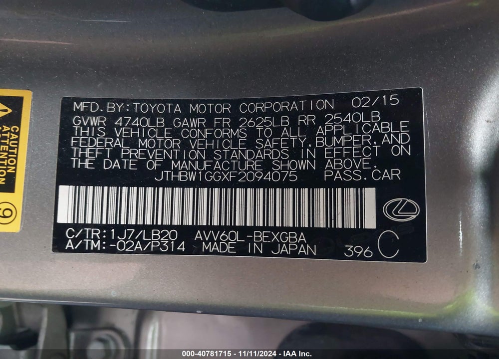 2015 LEXUS ES 300H VIN: JTHBW1GGXF2094075