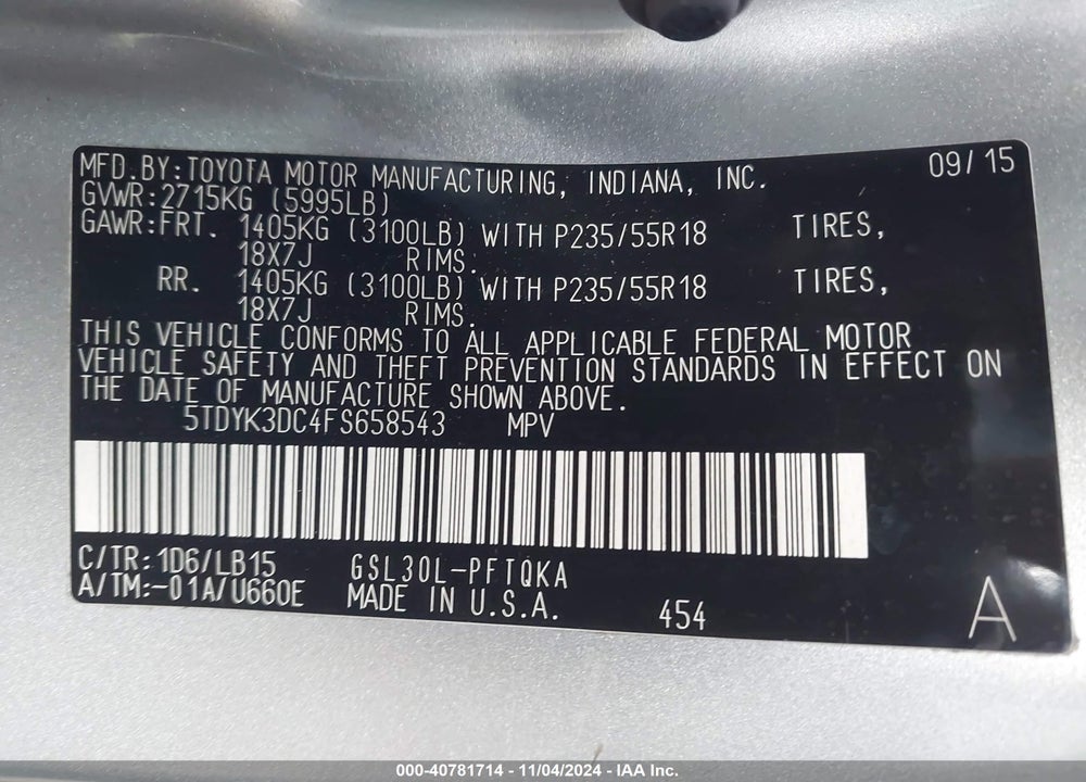 2015 TOYOTA SIENNA LIMITED 7 PASSENGER VIN: 5TDYK3DC4FS658543