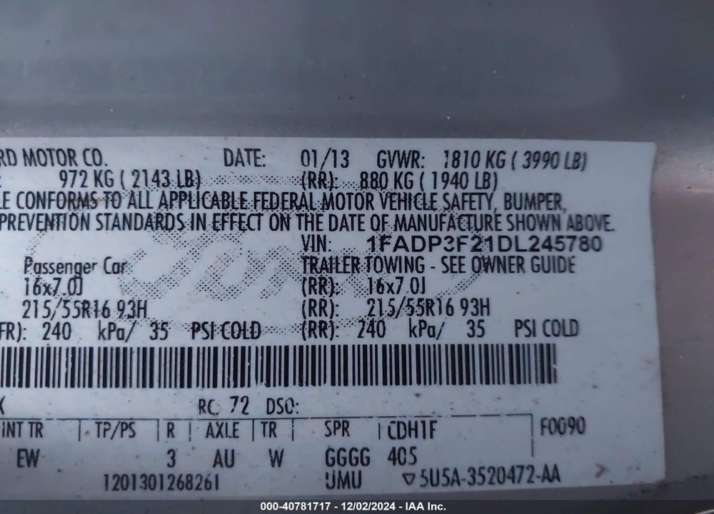 2013 FORD FOCUS SE VIN: 1FADP3F21DL245780