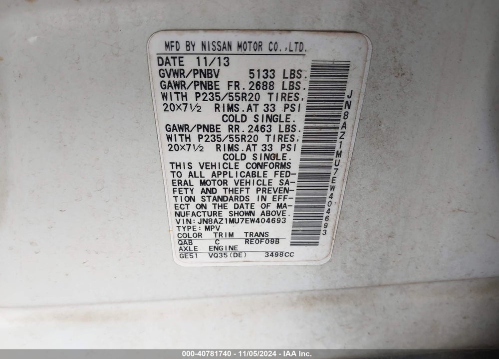 2014 NISSAN MURANO LE VIN: JN8AZ1MU7EW404693