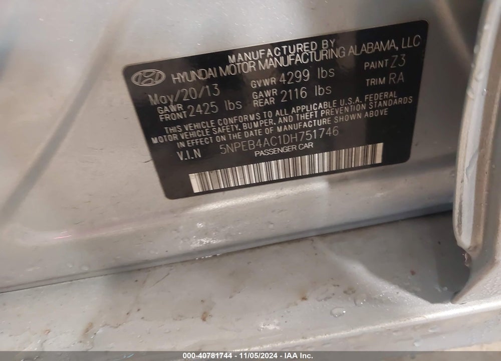 2013 HYUNDAI SONATA VIN: 5NPEB4AC1DH751746