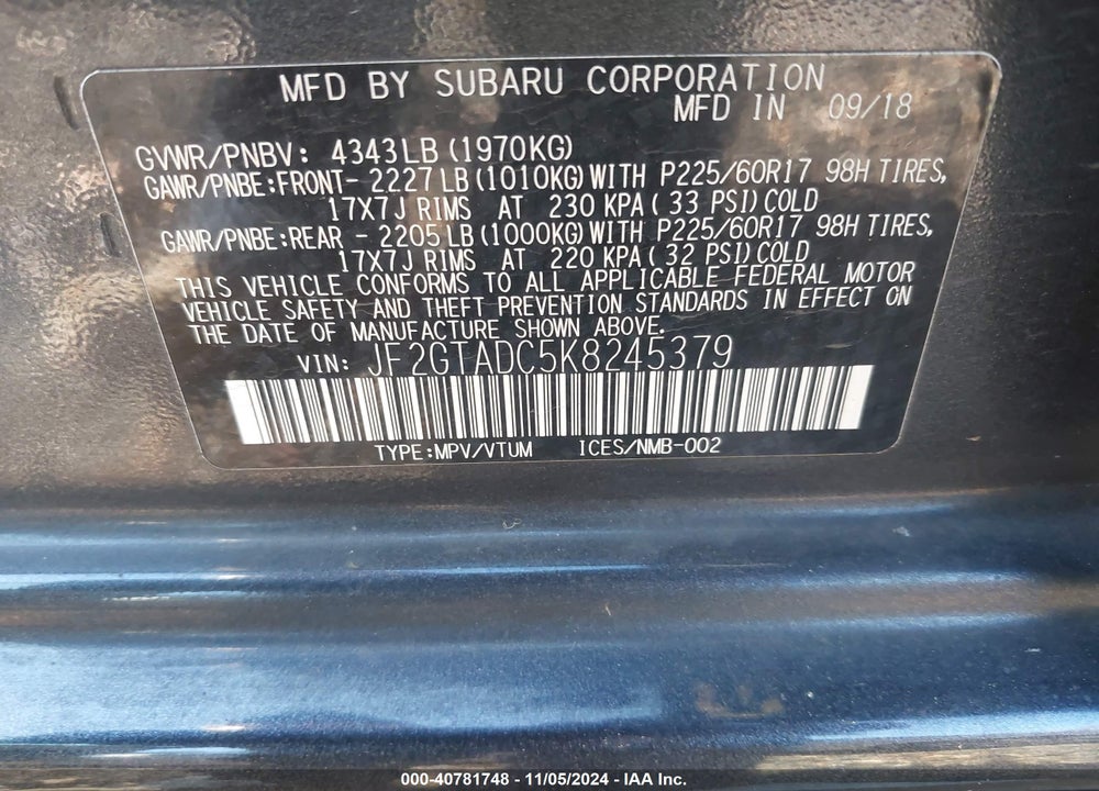 2019 SUBARU CROSSTREK 2.0I PREMIUM VIN: JF2GTADC5K8245379