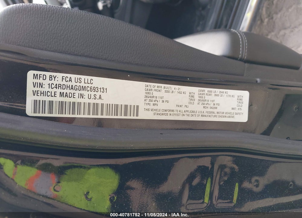 2021 DODGE DURANGO SXT RWD VIN: 1C4RDHAG0MC693131