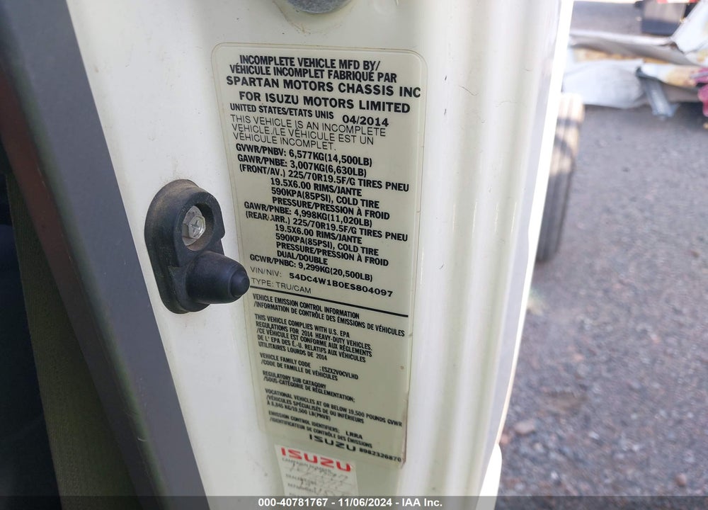 2014 ISUZU NPR GAS REG VIN: 54DC4W1B0ES804097