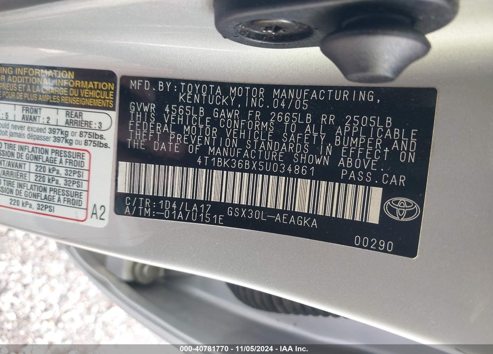 2005 TOYOTA AVALON XLS VIN: 4T1BK36BX5U034861