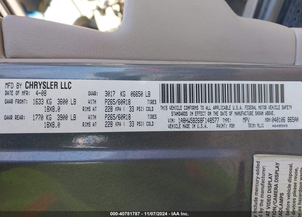 2008 CHRYSLER ASPEN LIMITED VIN: 1A8HW58268F148577