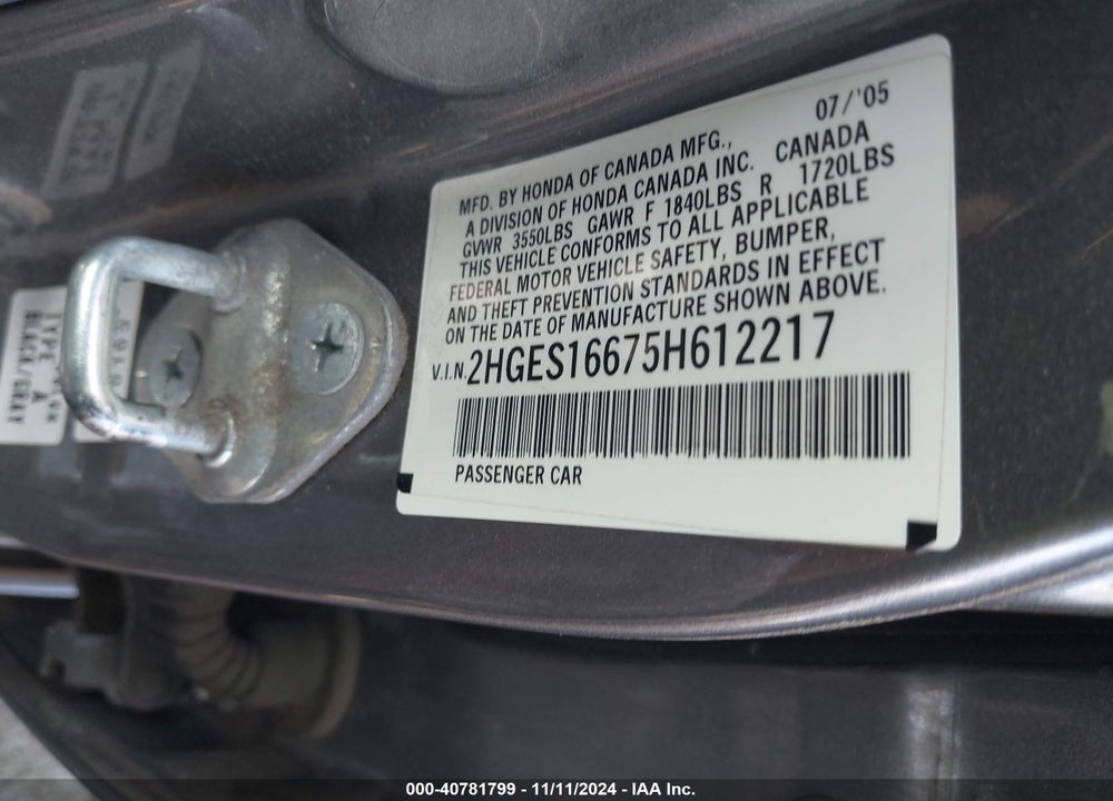 2005 HONDA CIVIC LX VIN: 2HGES16675H612217