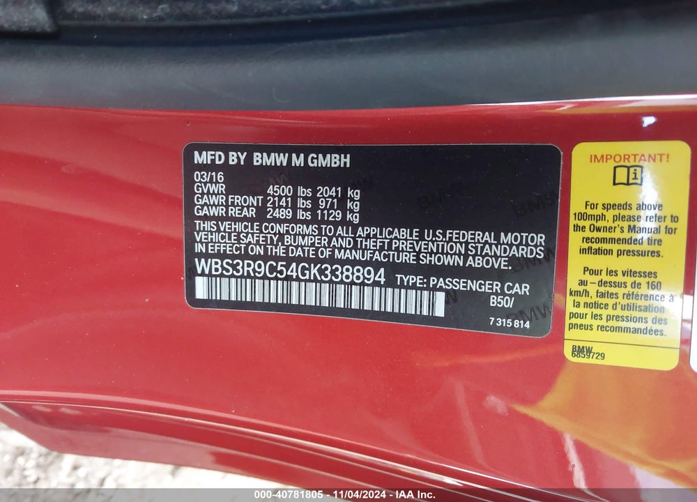 2016 BMW M4 VIN: WBS3R9C54GK338894