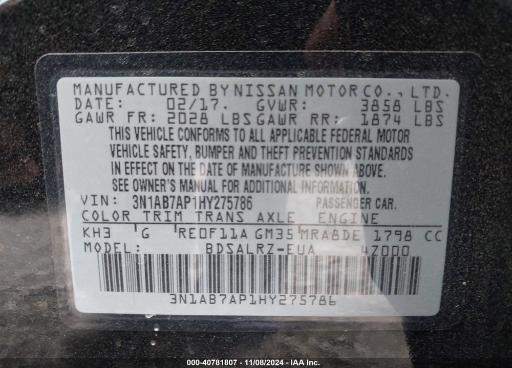2017 NISSAN SENTRA VIN: 3N1AB7AP1HY275786