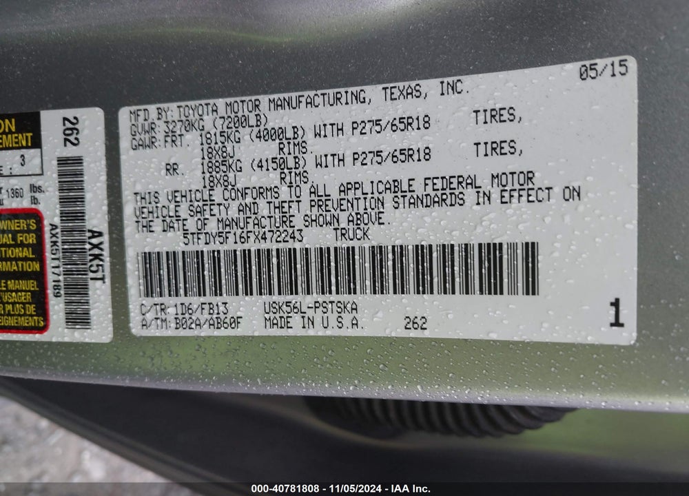 2015 TOYOTA TUNDRA SR5 5.7L V8 VIN: 5TFDY5F16FX472243