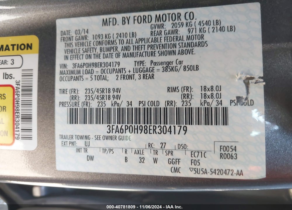 2014 FORD FUSION SE VIN: 3FA6P0H98ER304179