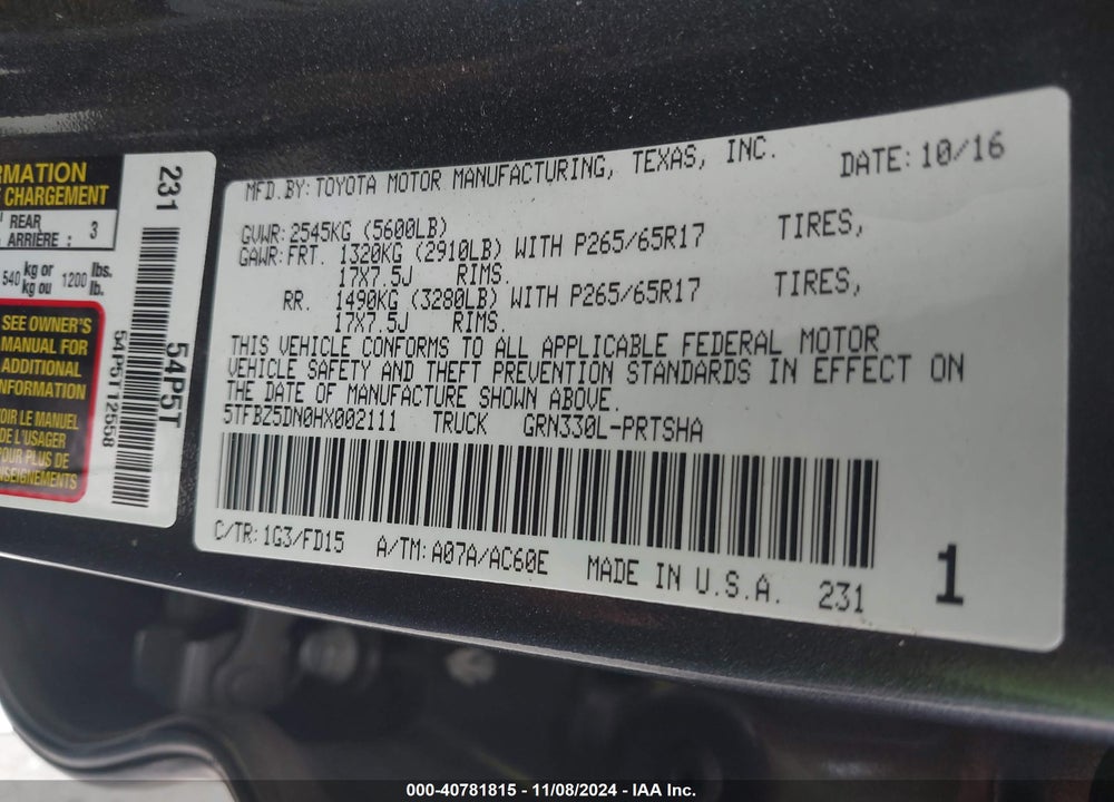 2017 TOYOTA TACOMA VIN: 5TFBZ5DN0HX002111