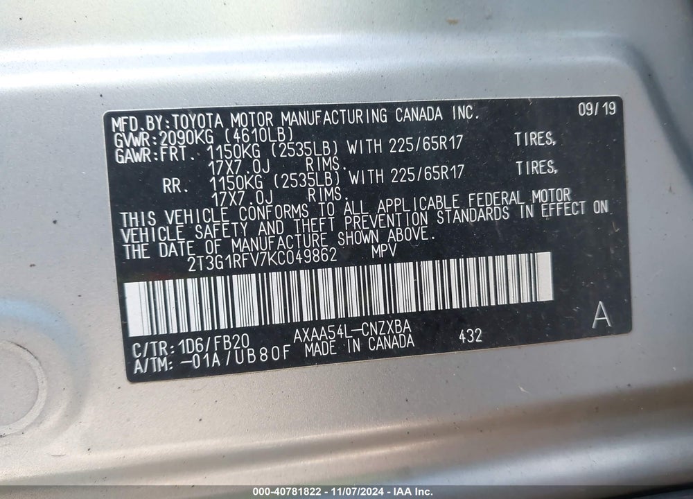 2019 TOYOTA RAV4 LE VIN: 2T3G1RFV7KC049862