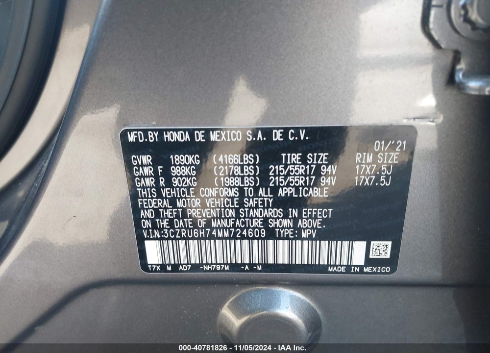 2021 HONDA HR-V AWD EX-L VIN: 3CZRU6H74MM724609