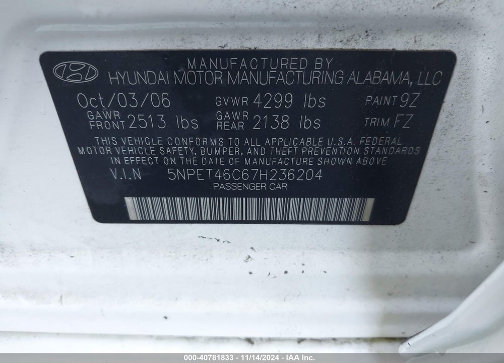 2007 HYUNDAI SONATA GLS VIN: 5NPET46C67H236204