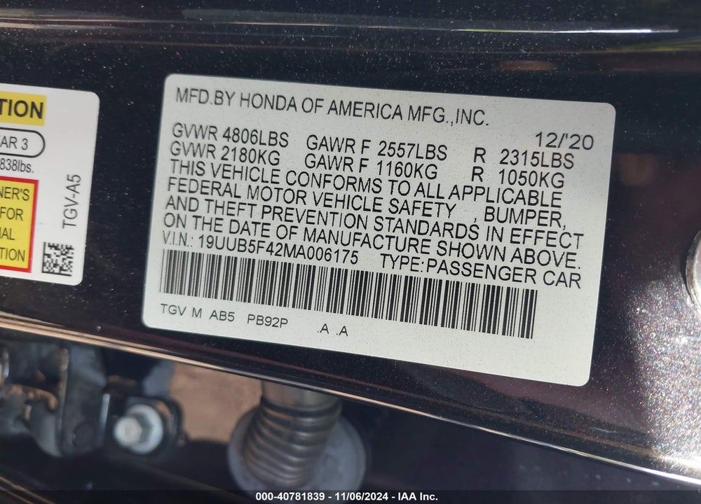 2021 ACURA TLX VIN: 19UUB5F42MA006175