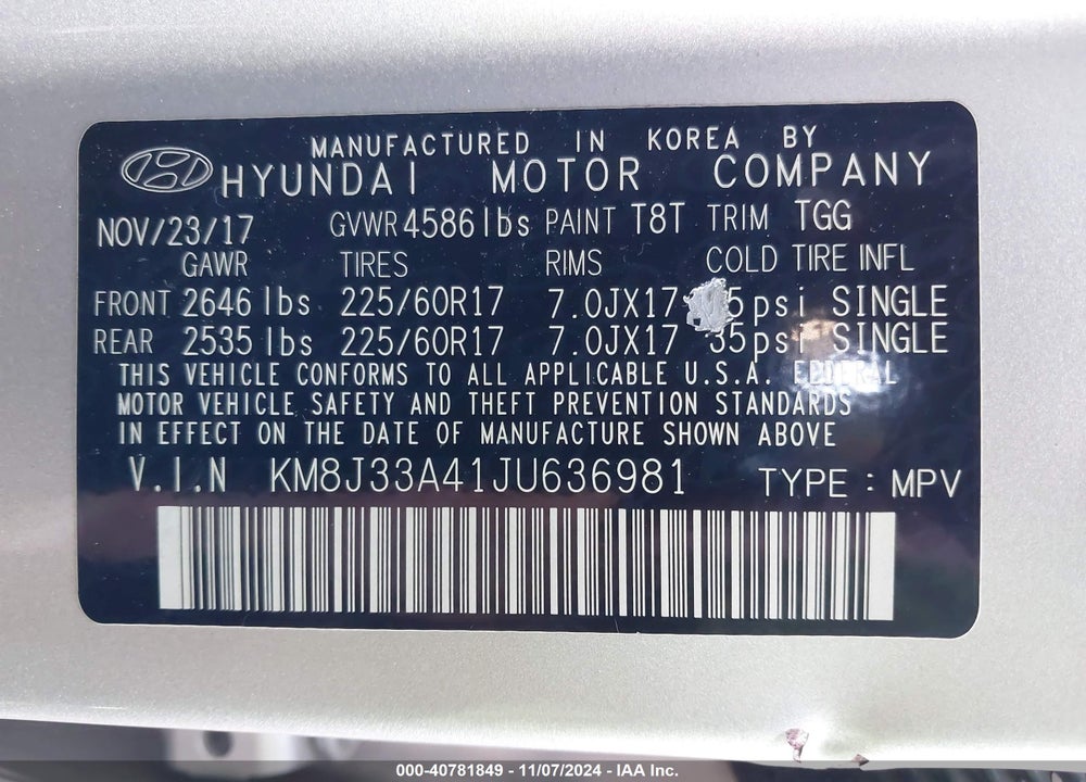 2018 HYUNDAI TUCSON SEL VIN: KM8J33A41JU636981