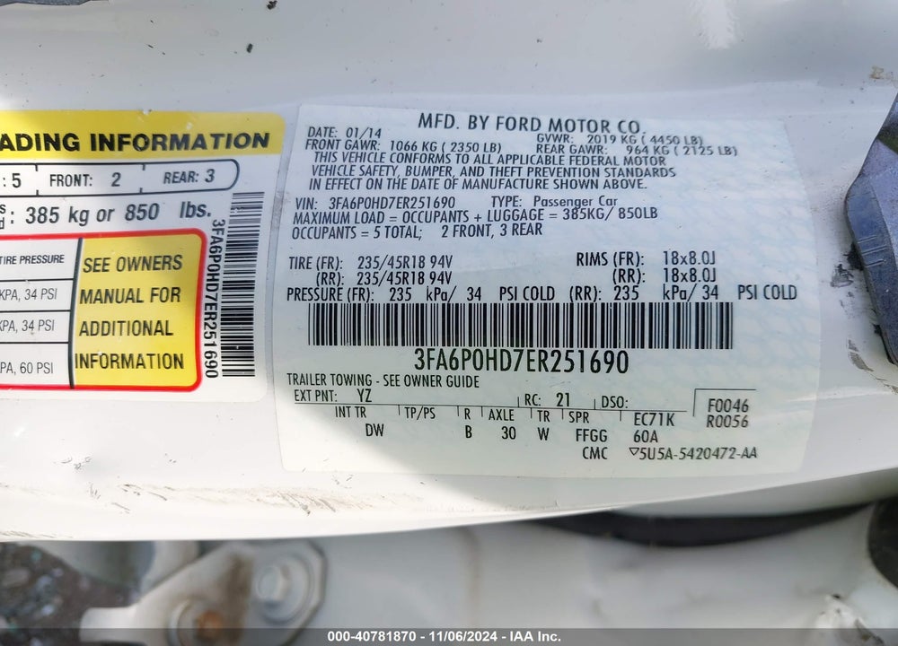 2014 FORD FUSION VIN: 3FA6P0HD7ER251690