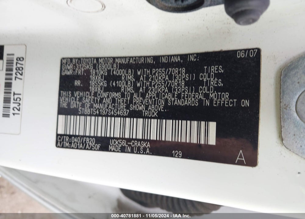 2007 TOYOTA TUNDRA SR5 4.7L V8 VIN: 5TBBT54197S454697