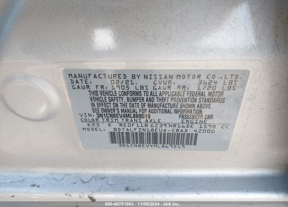 2021 NISSAN VERSA SV XTRONIC CVT VIN: 3N1CN8EV4ML869519