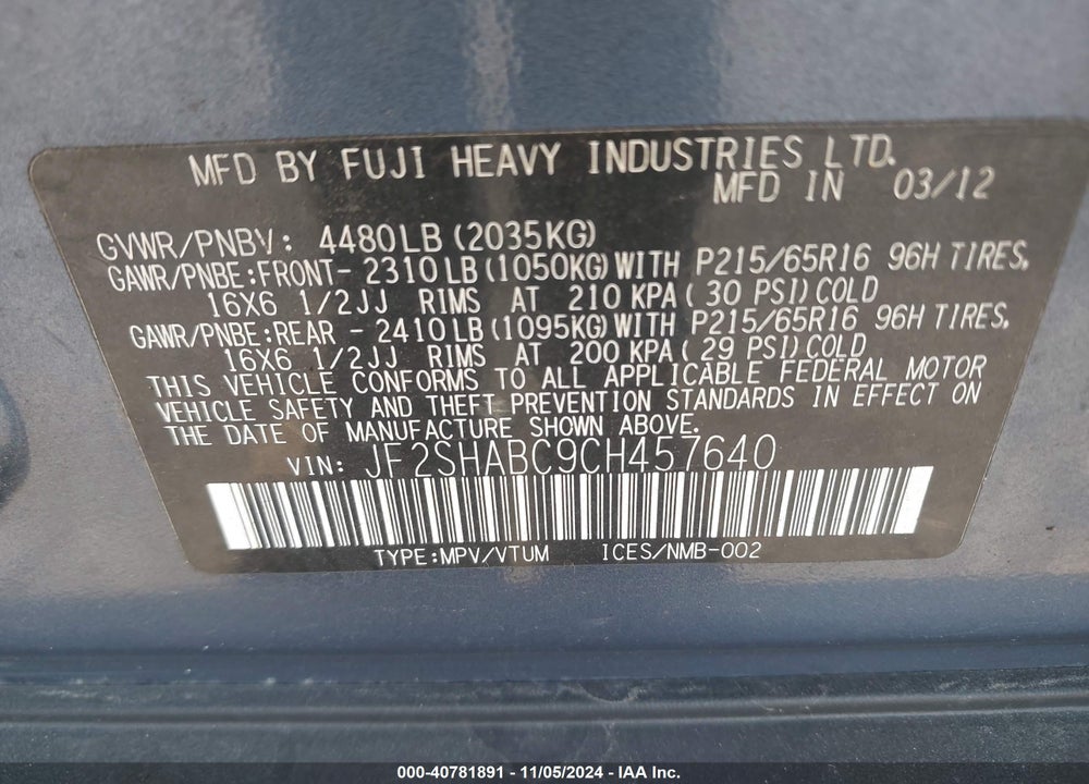 2012 SUBARU FORESTER 2.5X VIN: JF2SHABC9CH457640