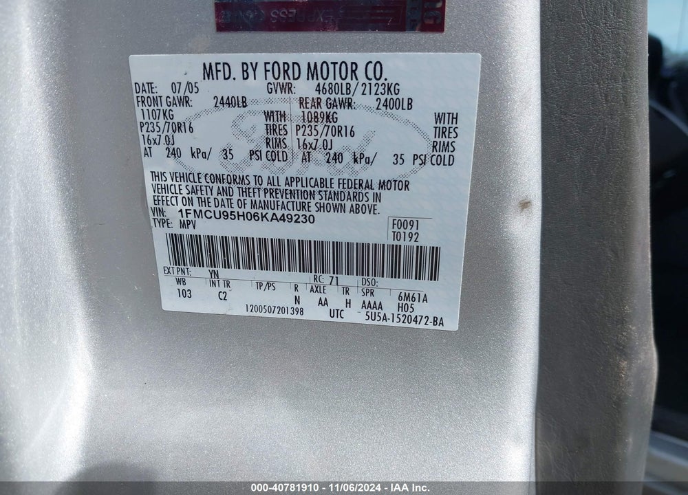 2006 FORD ESCAPE HYBRID VIN: 1FMCU95H06KA49230