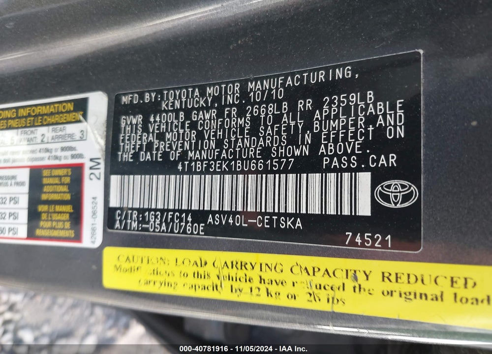 2011 TOYOTA CAMRY SE VIN: 4T1BF3EK1BU661577